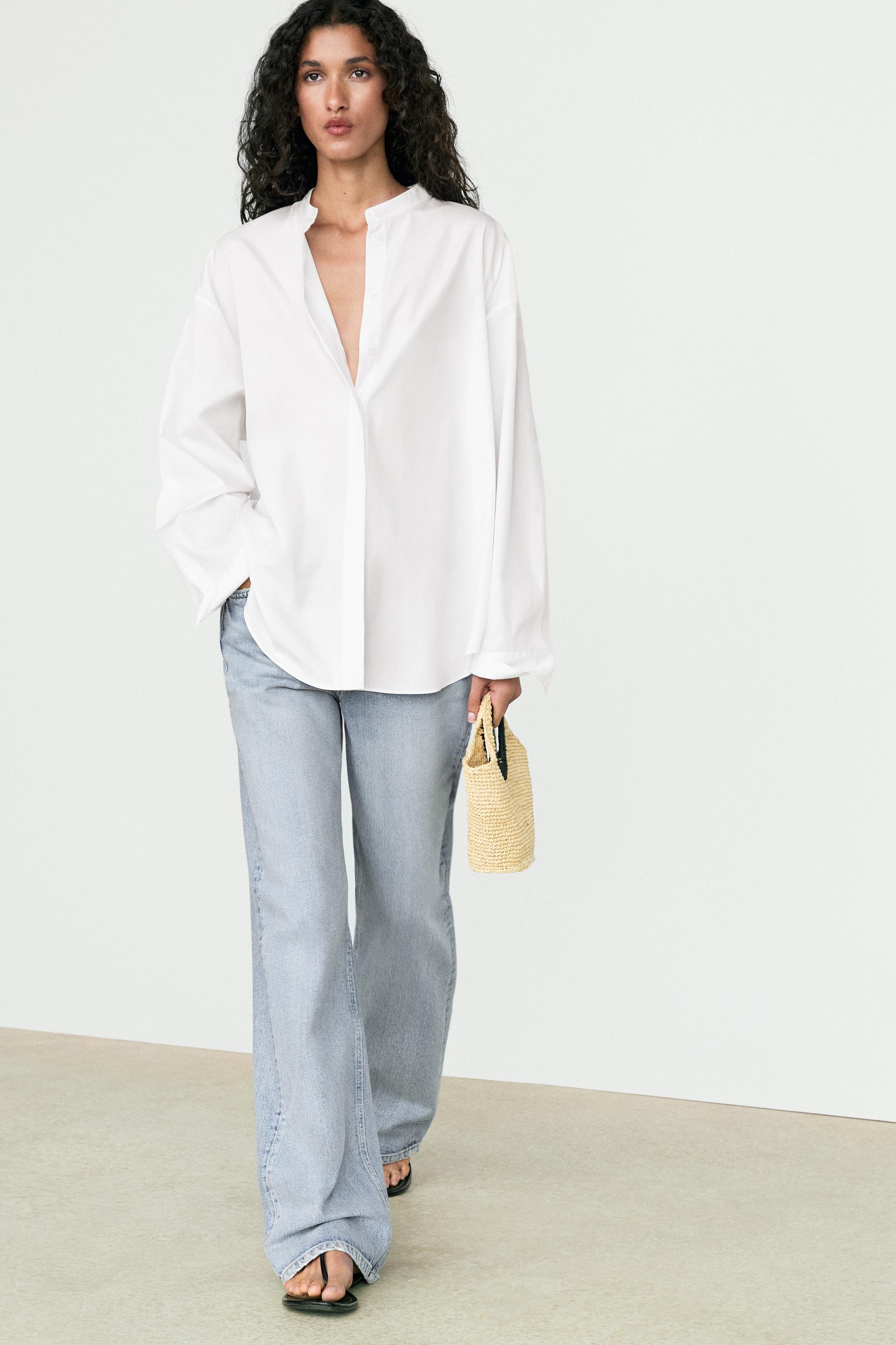 Poplin shirt with stand collar
